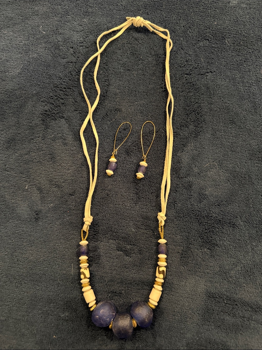 Blue Bead Necklace and Earring Set with Neutral Cord